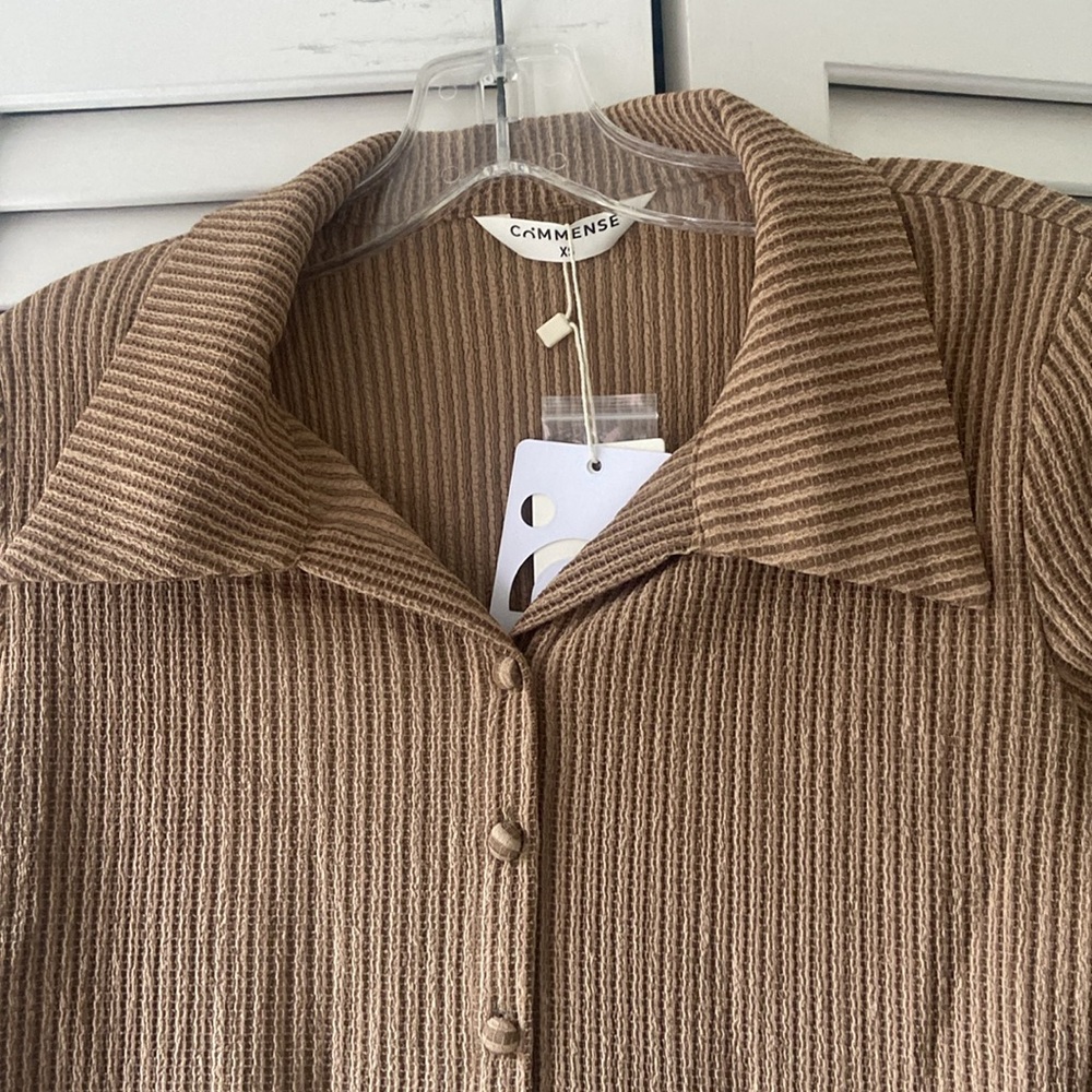 Commense Ribbed Button-Front Long Sleeve Blouse in Brown - Picture 3 of 5